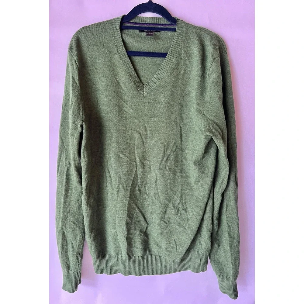 💚 Banana Republic 100% Extra‎ Fine Merino Wool Sweater Green V-neck Mens Small